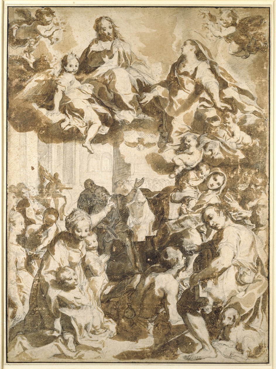 Madonna del Popolo, etter Barocci (svart kritt med brunlig vask på beige papir) av Francesco Vanni