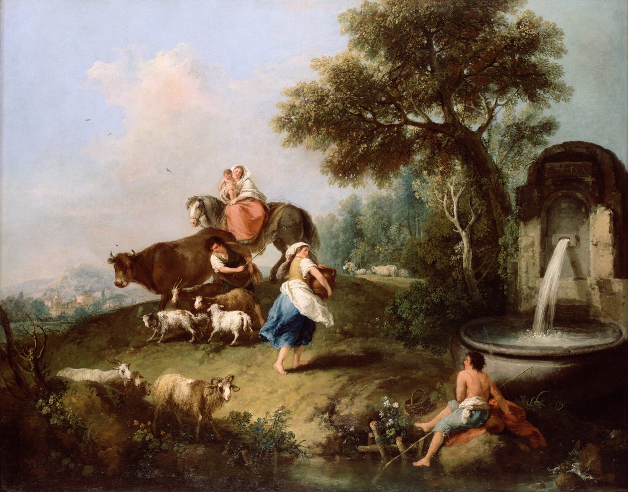 Landskap med fontene, figurer og dyr av Francesco Zuccarelli