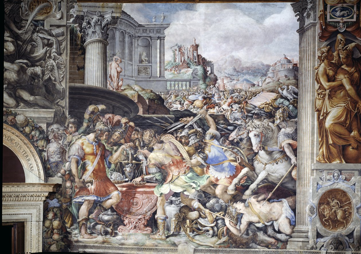 Marcus Furius Camillus (447-365 f.Kr.) forbyr veiing av gull, fra Sala dell