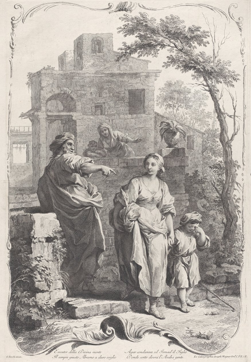 Hagar sendt inn i villmarken, 1758. av Francesco Bartolozzi