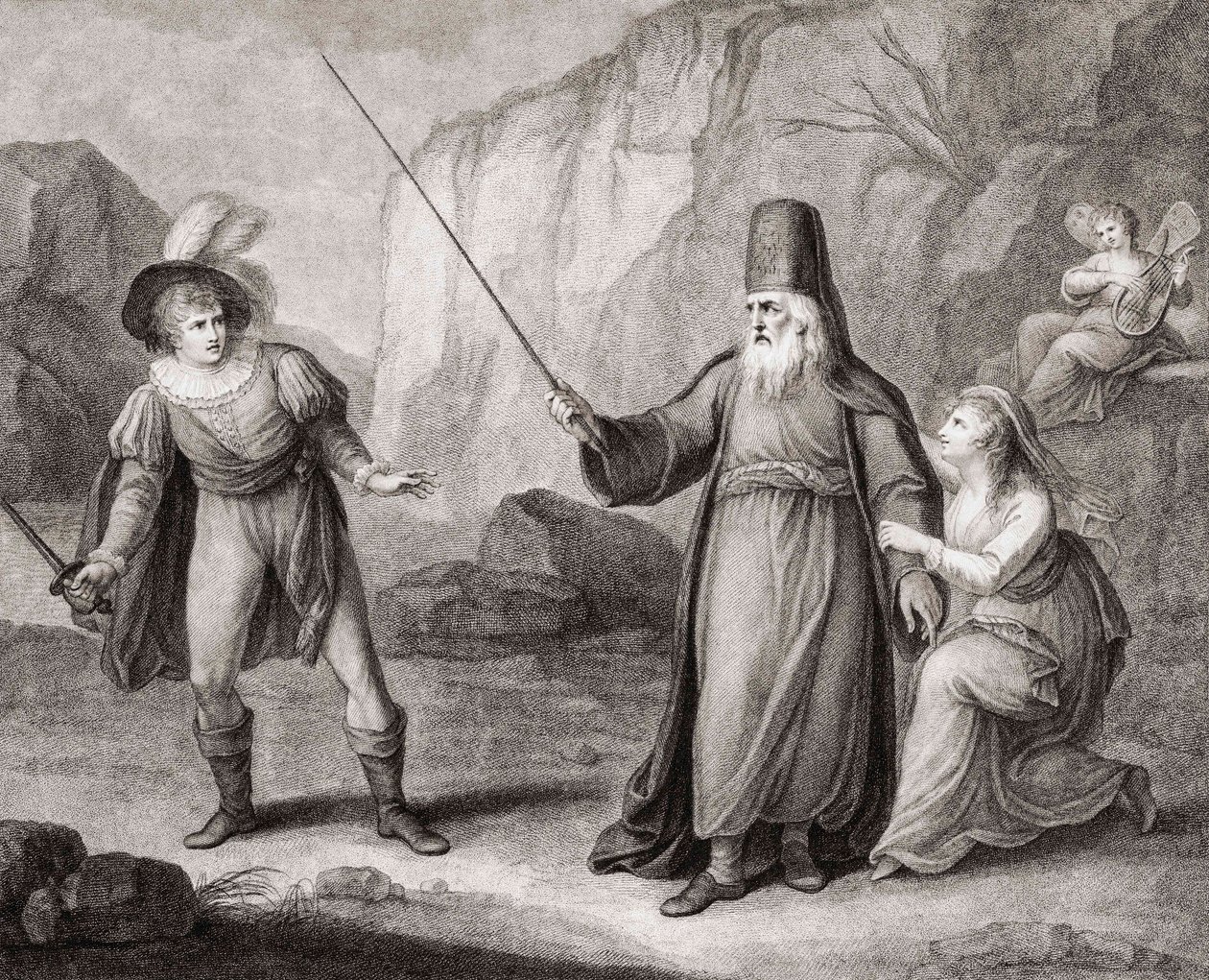 Prospero avvæpner Ferdinand. Shakespeare. The Tempest (gravering) av Francesco Bartolozzi
