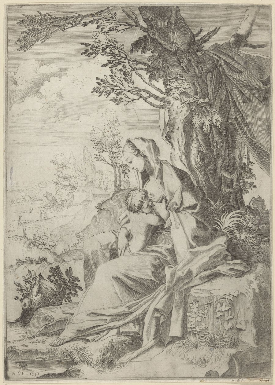 Maria dier Kristusbarnet i et landskap av Francesco Brizio