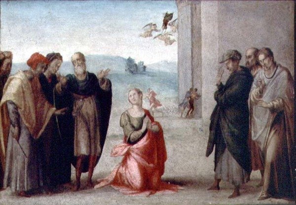 Martyrdøden til en kvinnelig helgen (panel) av Francesco Granacci