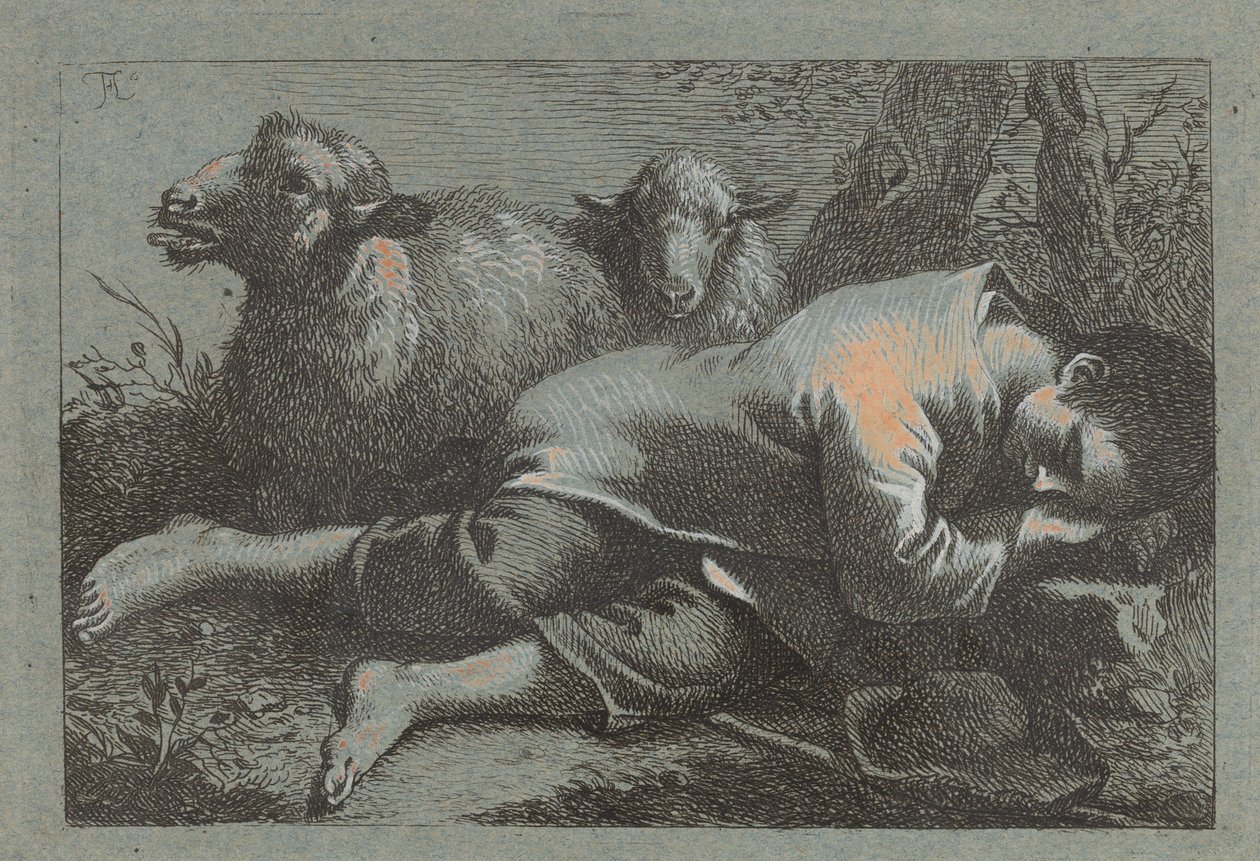 Bondegutt sover i nærheten av to sauer av Francesco Londonio