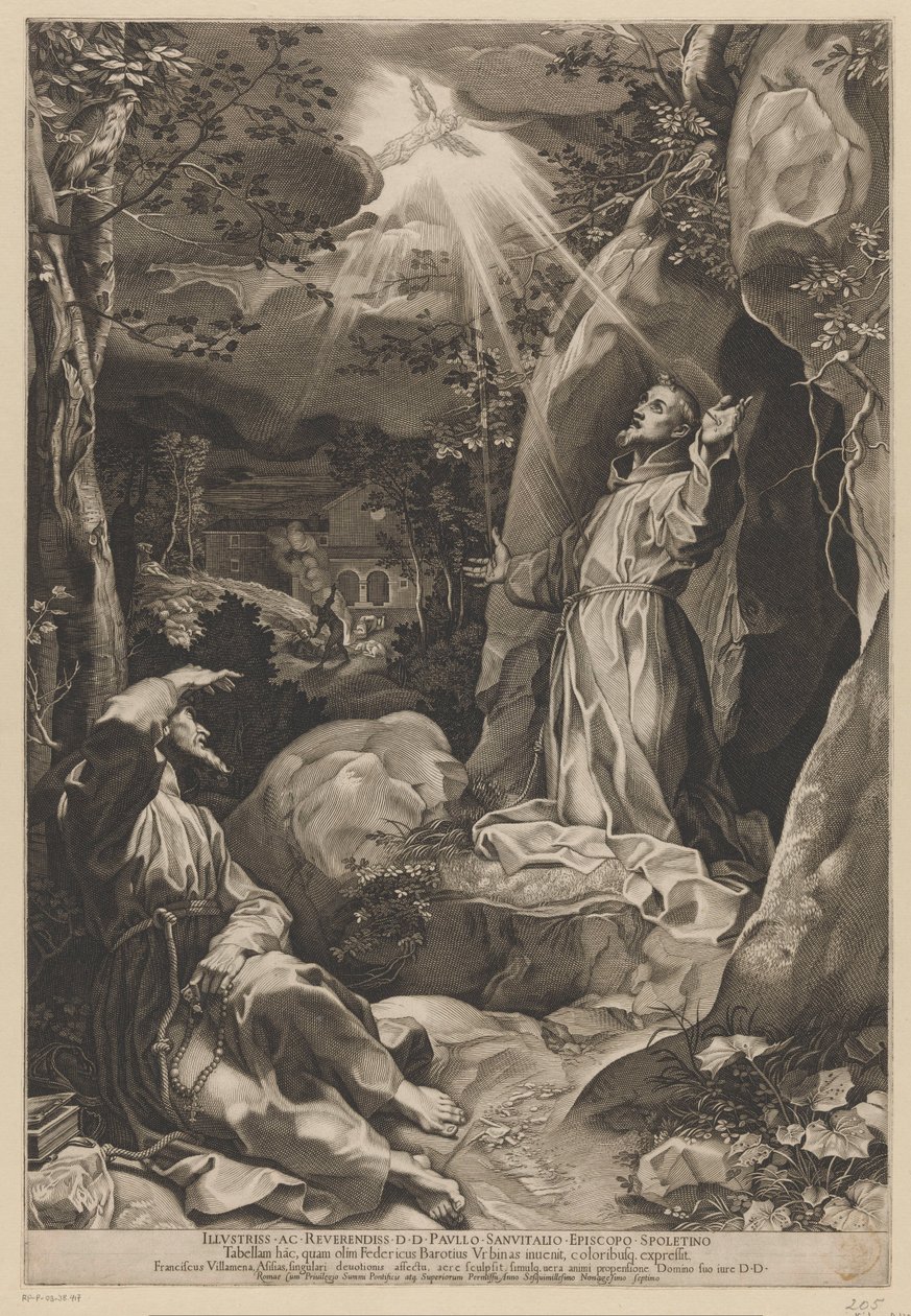 Francis mottar stigmata av Francesco Villamena