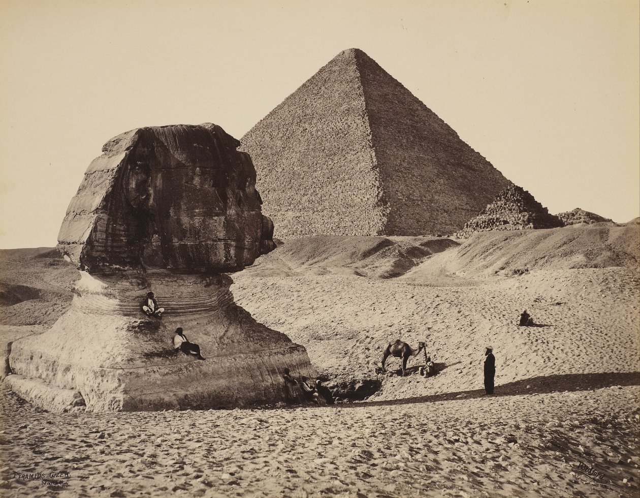 Sfinxen, Den store pyramiden og to mindre pyramider, Ghizeh, Egypt av Francis Bedford