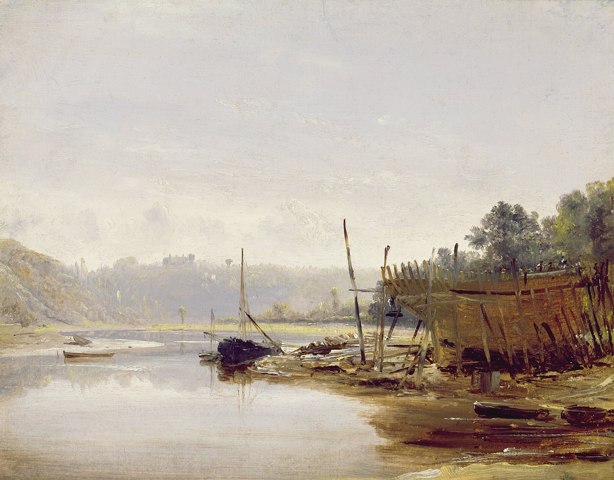 Båtbygning nær Dinan, Bretagne, ca. 1838 (olje på papir på panel) av Francis Danby