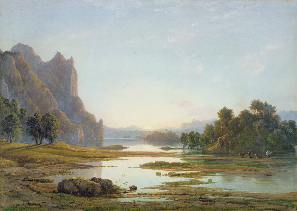 Solnedgang over et elvelandskap, ca. 1840 (wc med kroppsfarge over grafitt på papir) av Francis Danby