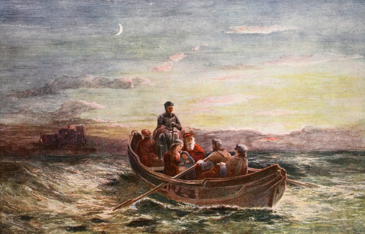 Flukten til Mary Queen of Scots fra Loch Leven Castle, illustrasjon fra 'Hutchinson's Story of the British Nation', ca. 1923 av Francis Danby