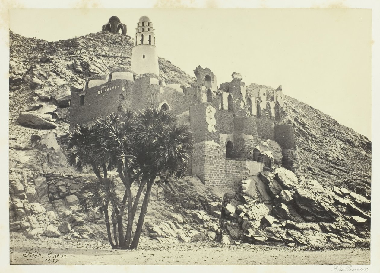 Doum Palm og den ødelagte moskeen, Philæ, 1857. av Francis Frith