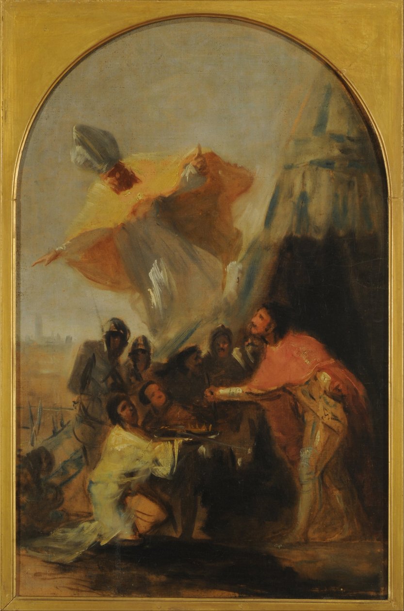 Utseende av Saint Isidore til kong Ferdinand den hellige før veggene i Sevilla av Francisco de Goya
