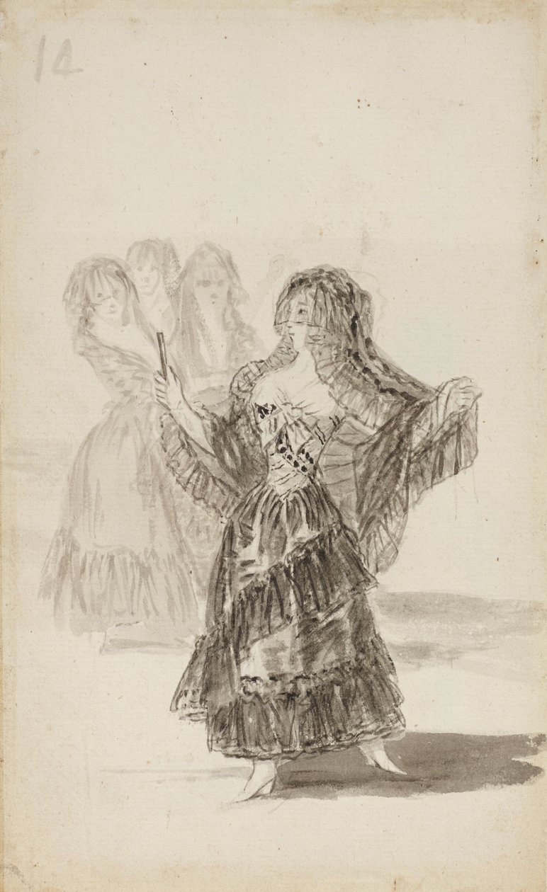 Two Majas Embracing (recto); Maja Parading before Three others (verso) av Francisco de Goya