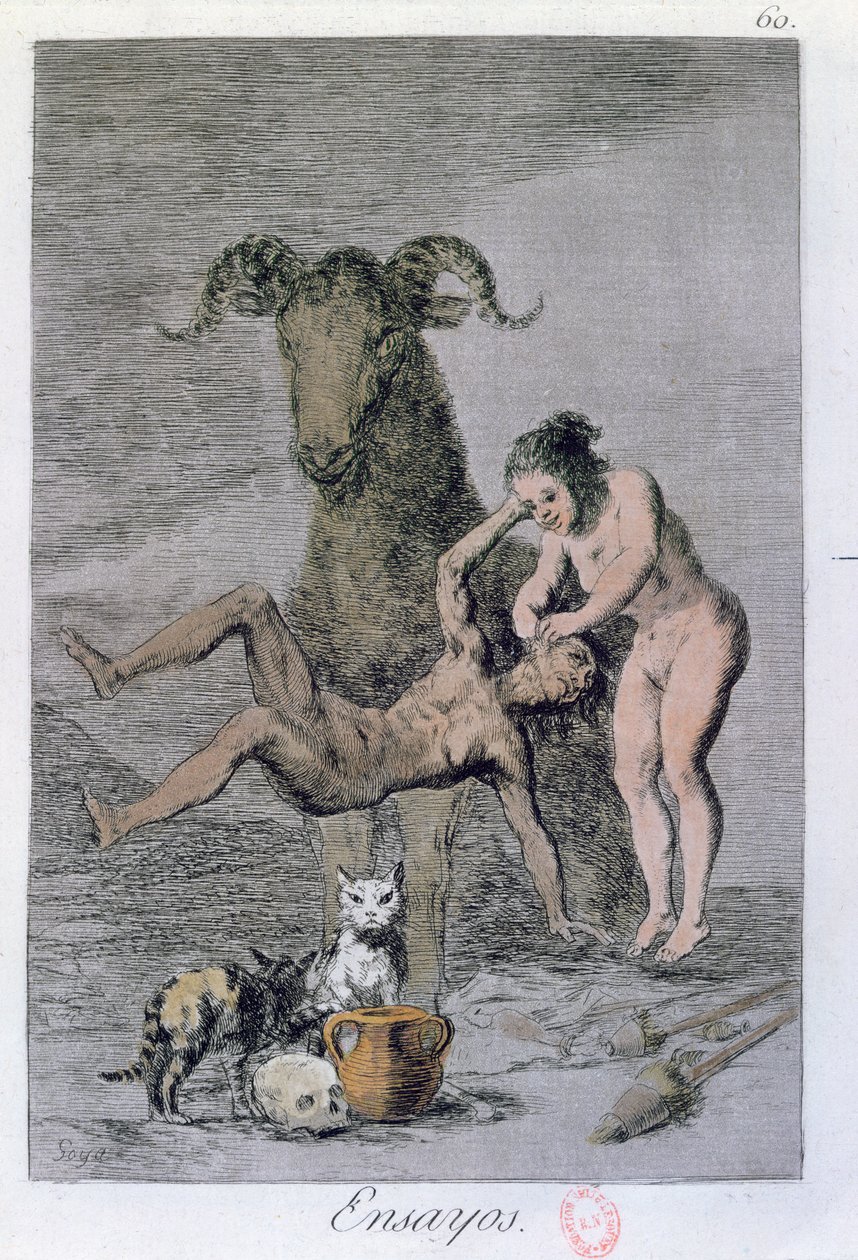 Ensayos (Trials), plate 60 av 'Los Caprichos', sent på 1700-tallet (farget gravering av Francisco de Goya