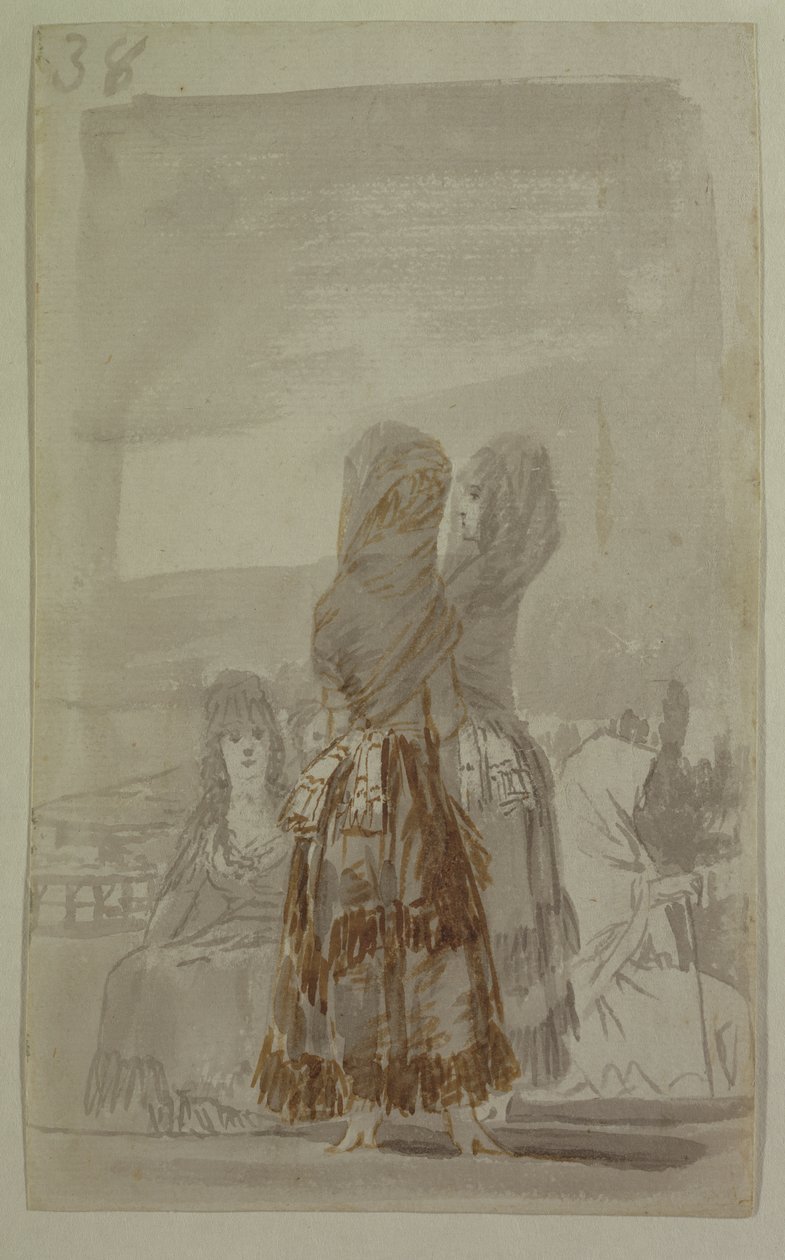 Majas paraderer på paseoen (grå og svart blyant på papir) av Francisco de Goya
