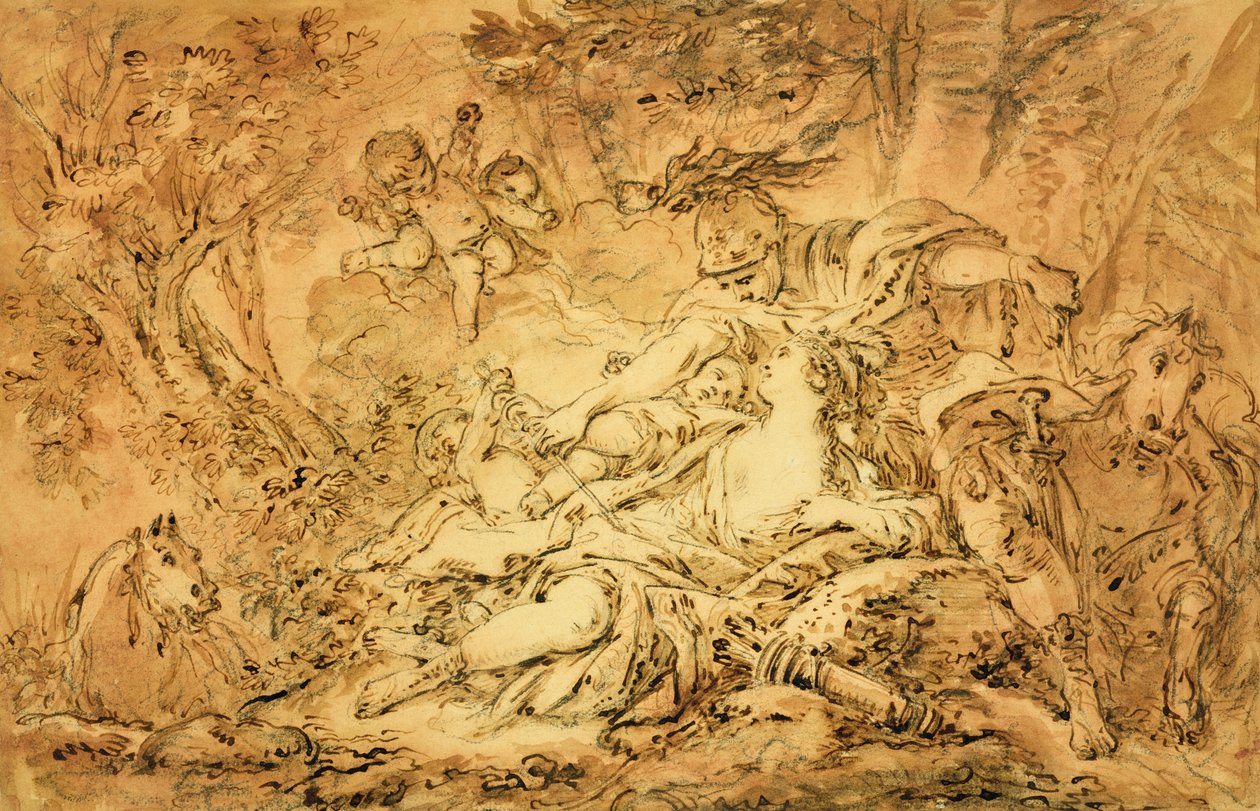Rinaldo og Armida (penn og brunt blekk, brun og rosa vask over svart kritt på papir) av François Boucher