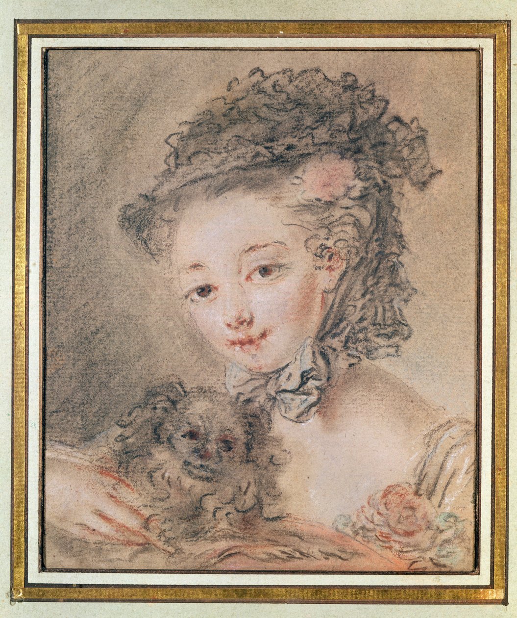 Ung jente med en liten hund (kull og rødt kritt på papir) av François Boucher