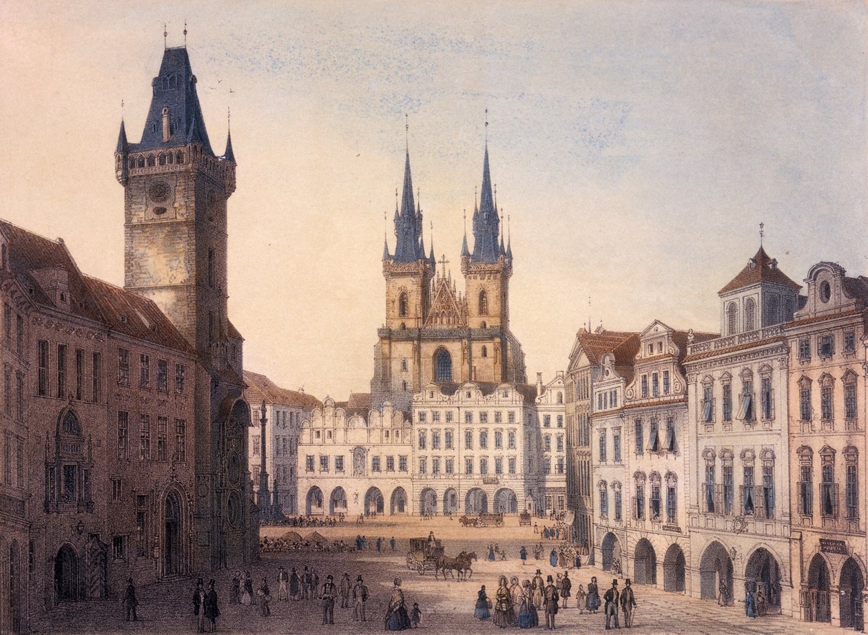 Old Town Square, Praha, ca. 1840 farge litho av Francois Joseph Sandmann