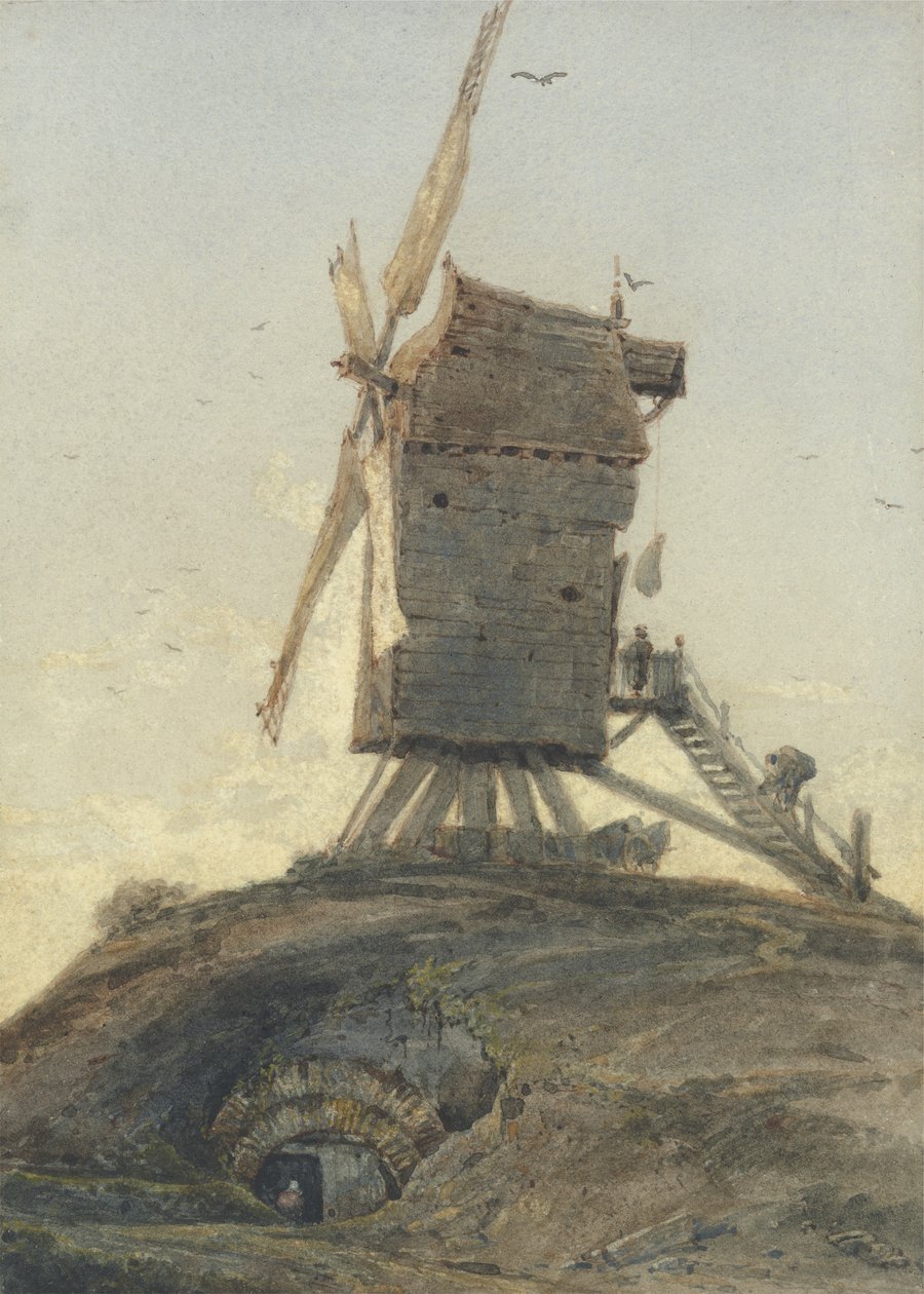 Vindmølle på en knaus i et landskap (wc med kroppsfarge på papir) av Francois Louis Thomas Francia