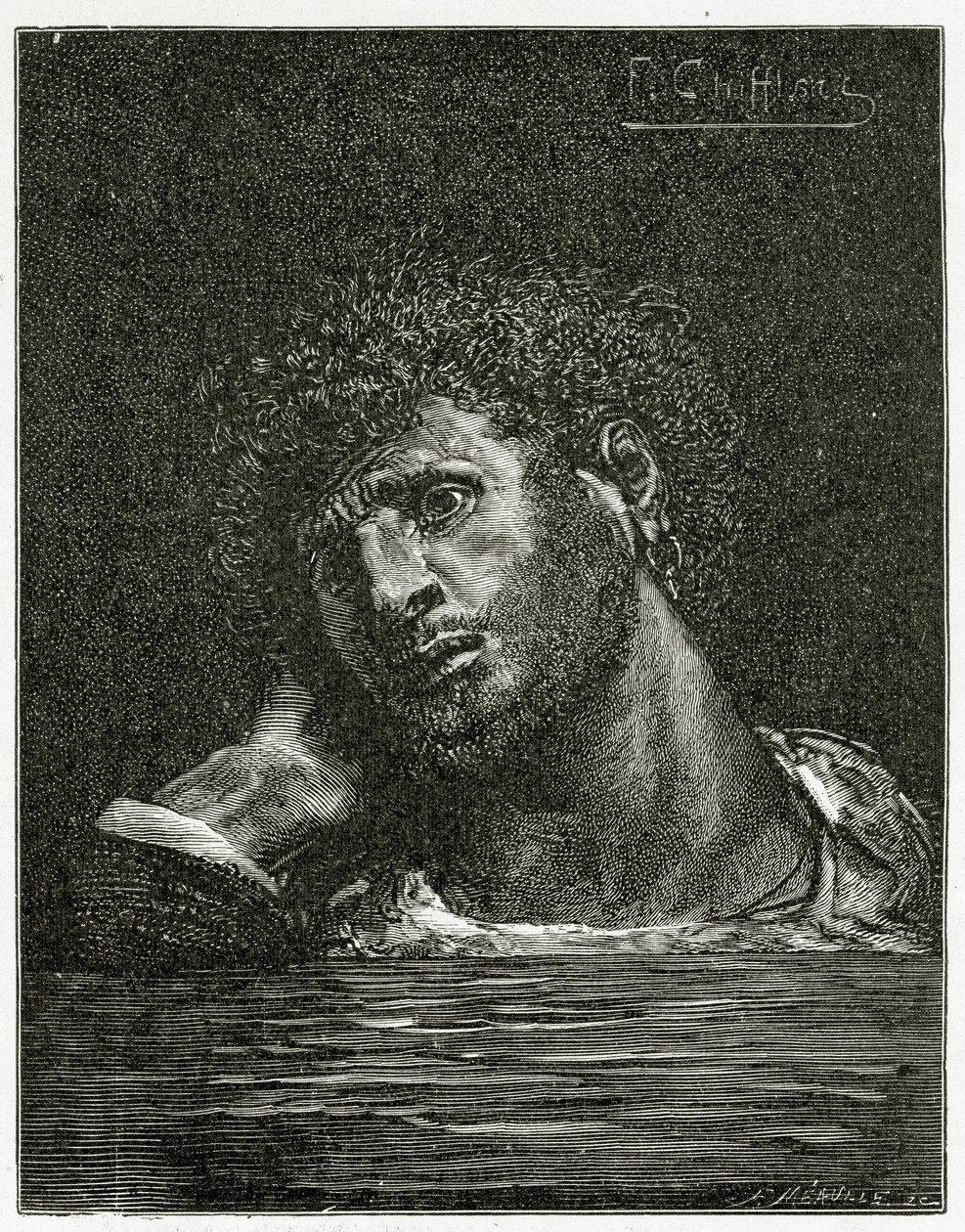 Death of Giliath - illustrasjon fra 1800-tallets sjøarbeidere (bw-gravering) av Francois Nicolas Chifflart