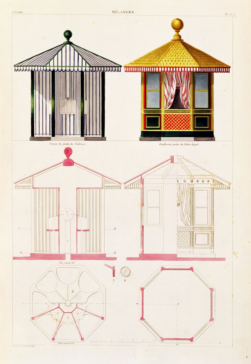 Design for urinal og paviljong, plate 25 fra Nouveau Recueil de Menuiserie et de Decorations interieures, 1837 av Francois Thiollet