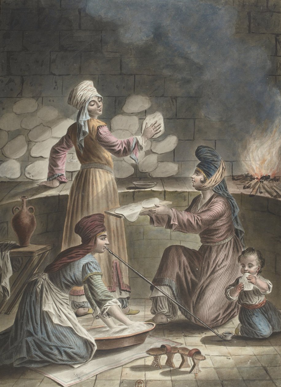 Tyrkiske kvinner baker brød, 1790 av Francois Marie Rosset