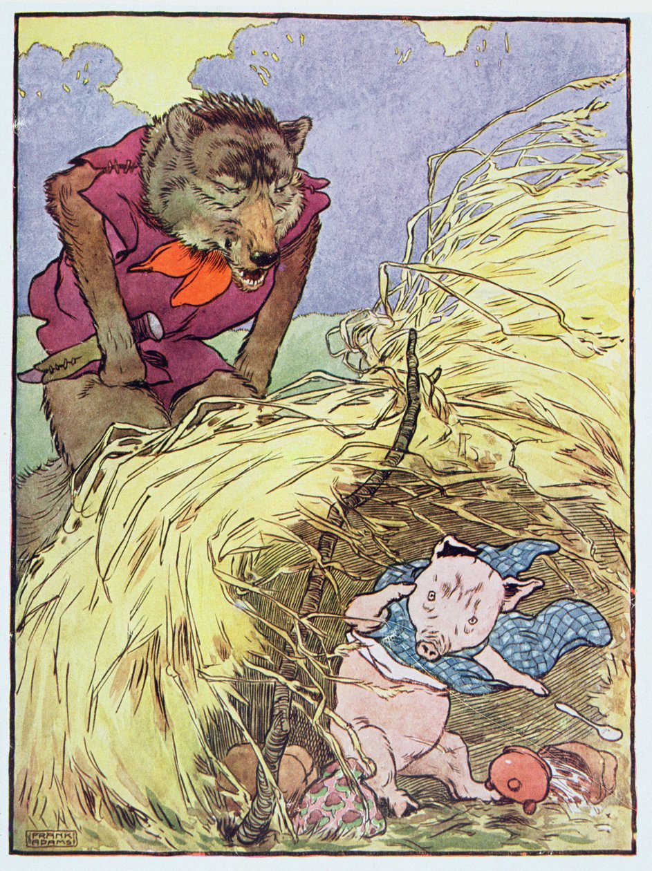 'Så han huffet og han pustet til han blåste inn halmhuset', illustrasjon fra 'The Three Little Pigs', publisert på 1930-tallet av Frank Adams