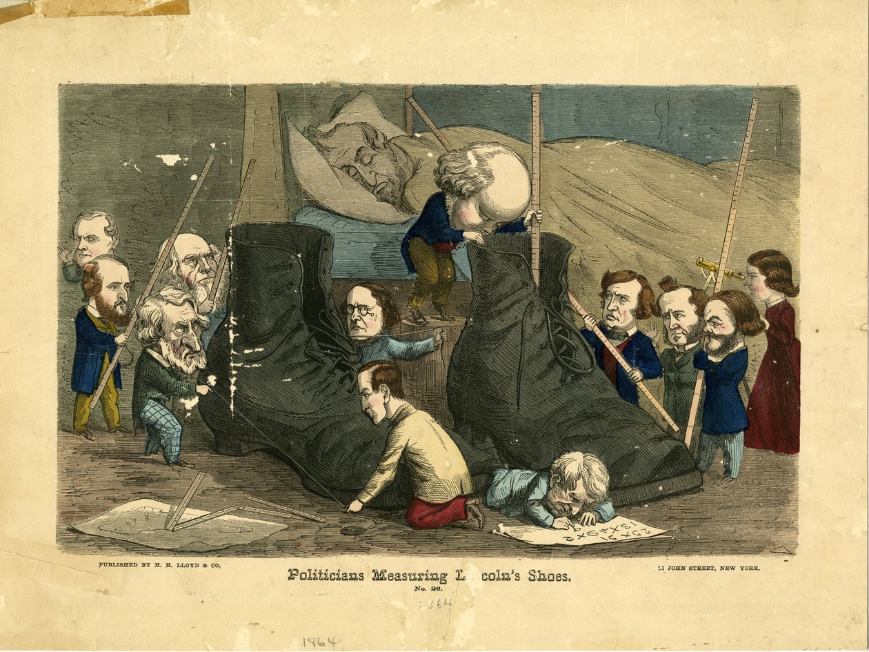 Politikere som måler Lincolns sko, 1864 (håndfarget gravering) av Frank Bellew