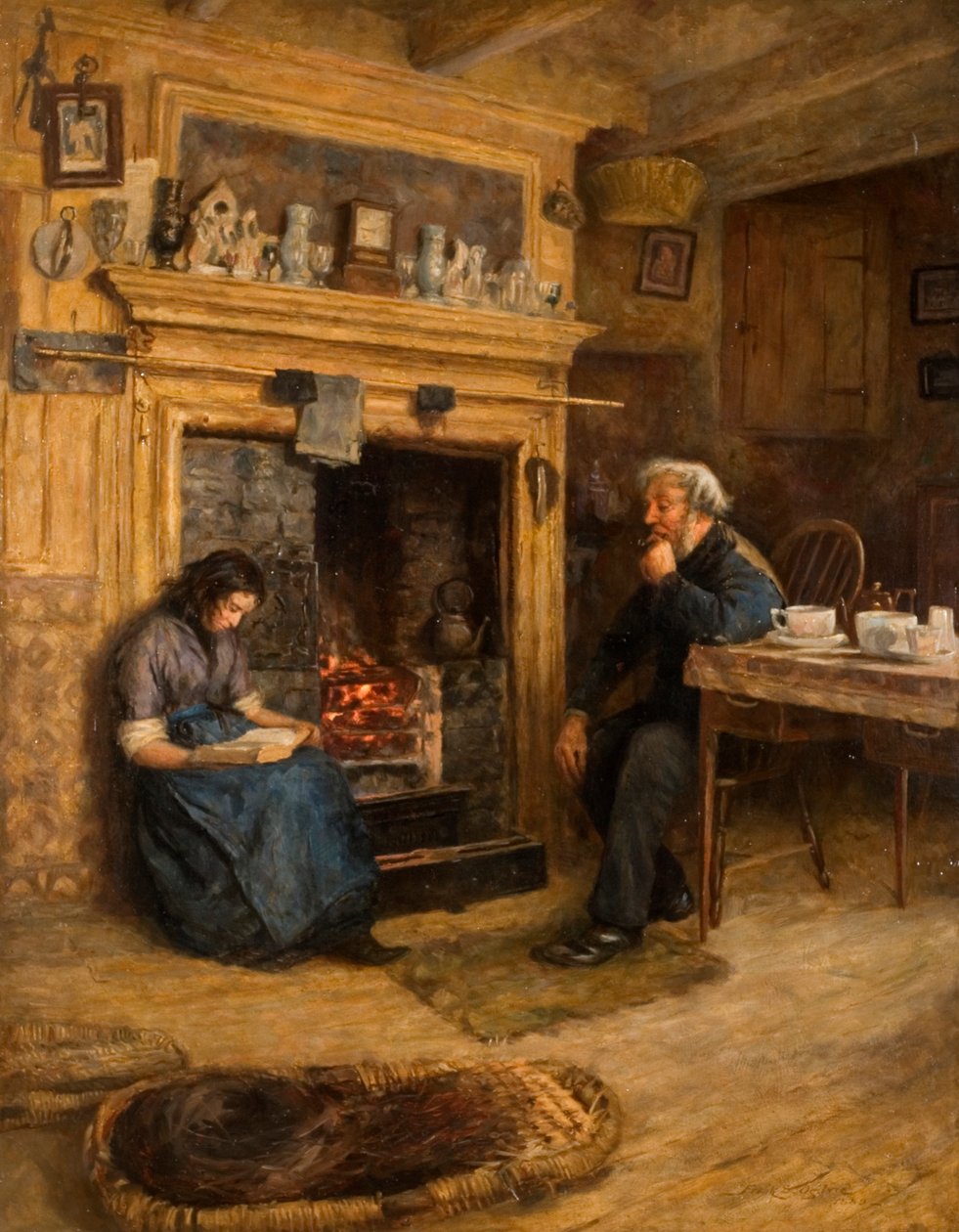 Interiør, kvinne som leser for gammel mann, 1889 av Frank Stanley Ogilvie