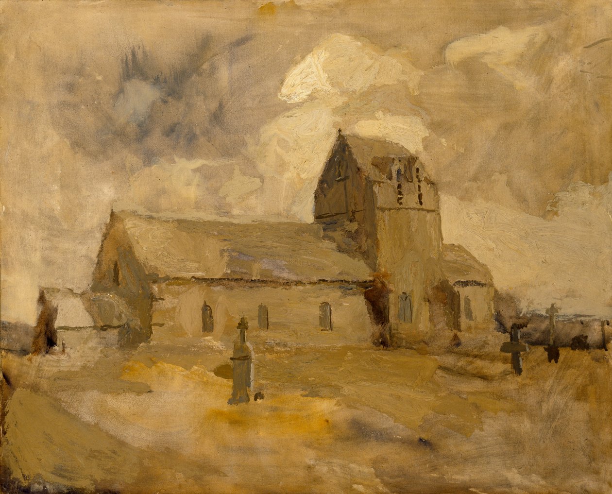Landsbykirke og kirkegård, Bretagne, n.d. av Frank Edwin Scott