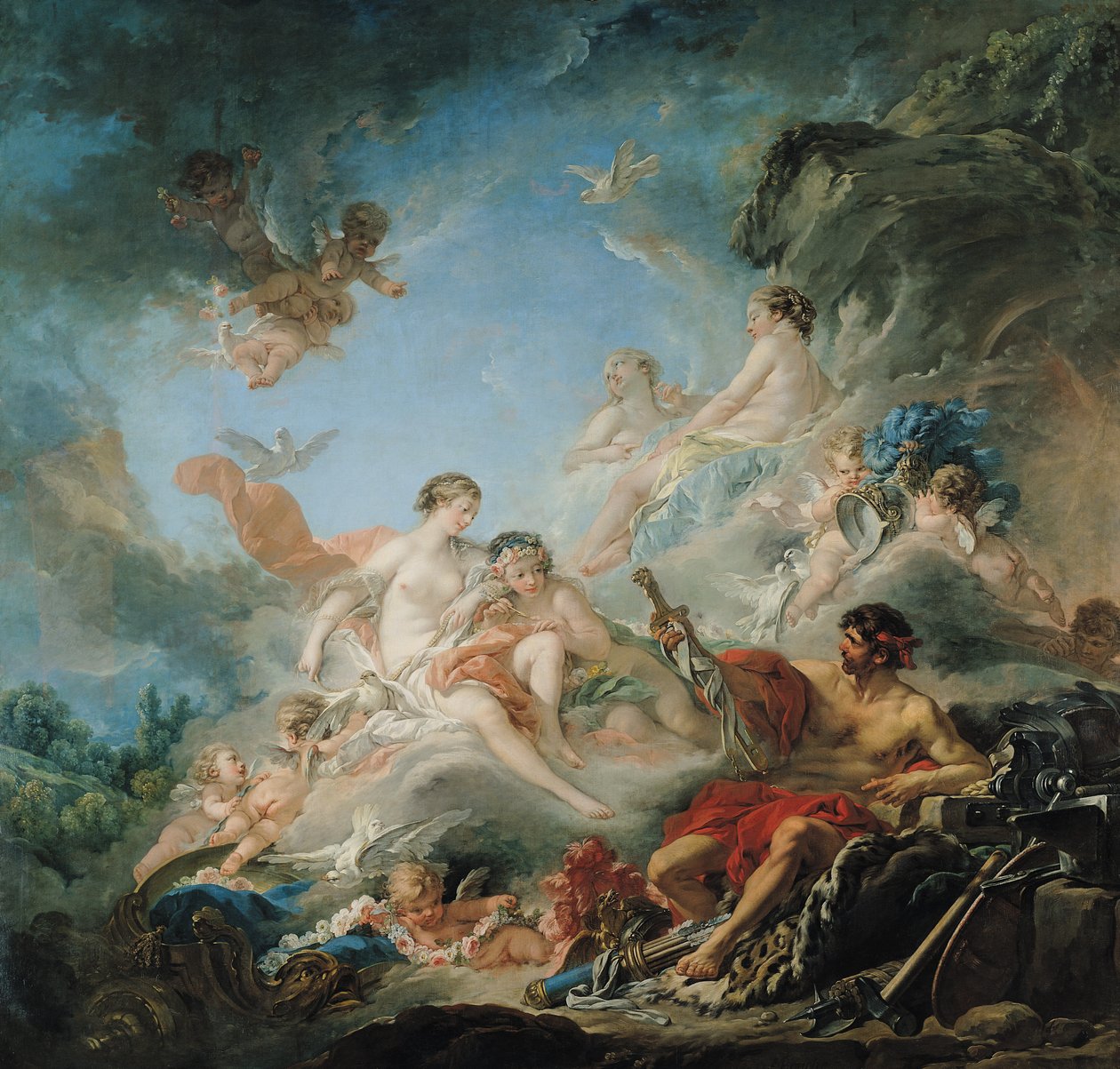 The Forge of Vulcan, eller Vulcan presenterer våpen for Aeneas til Venus, billedvev tegneserie, 1757 av François Boucher