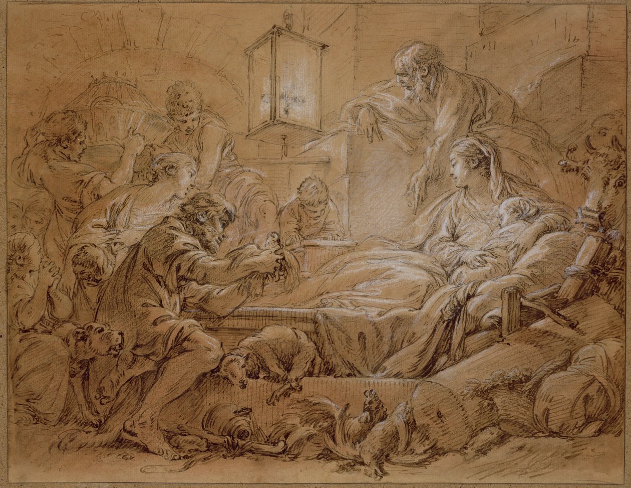 The Nativity (penn- og blekkvask forhøyet med hvitt på papir) av François Boucher
