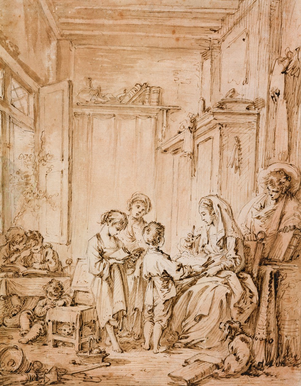Skolerommet (blekk og brun vask på papir) av François Boucher
