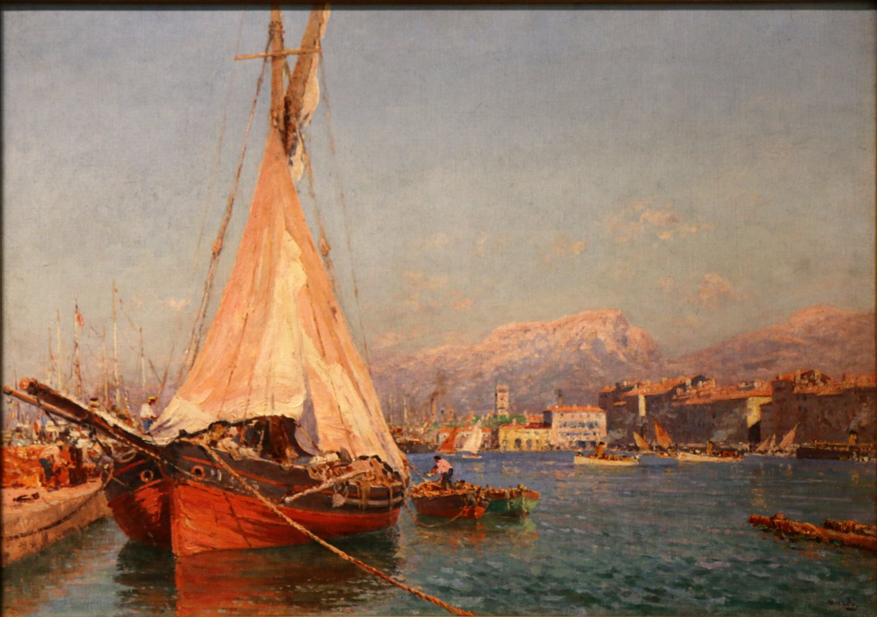 Rød tartan i bunnen av havnen og kaien på skapet. av Francois Nardi