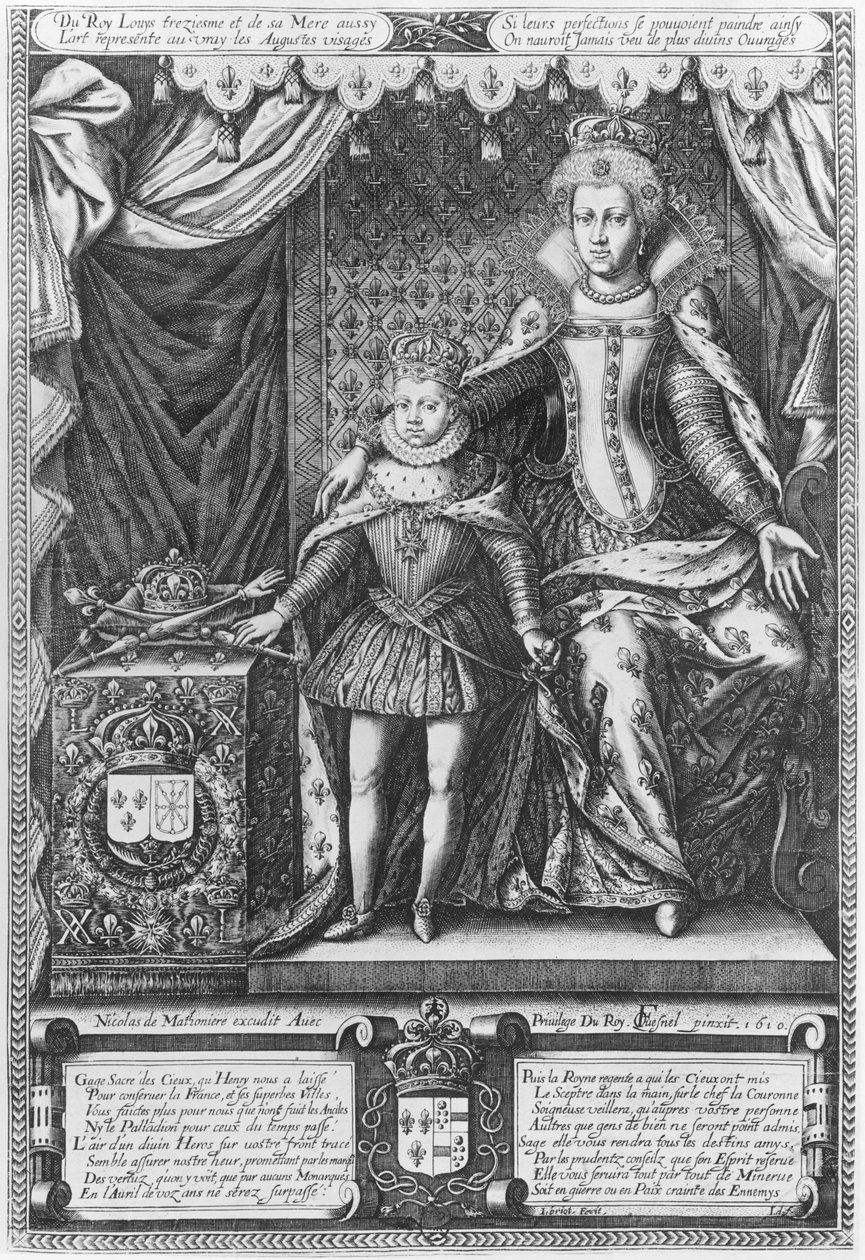 Dronning Marie de Medicis og Louis XIII som barn, gravert av Nicolas de Mathoniere (fl.1600-22) 1610 av François Quesnel