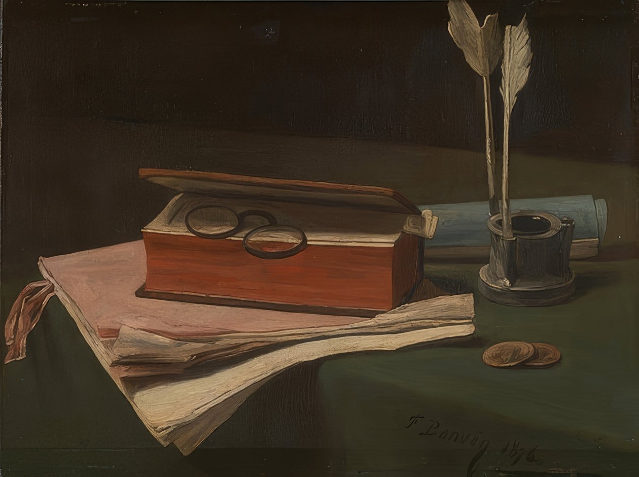 Stilleben med bok, papirer og blekkhus. 1876 av François Bonvin