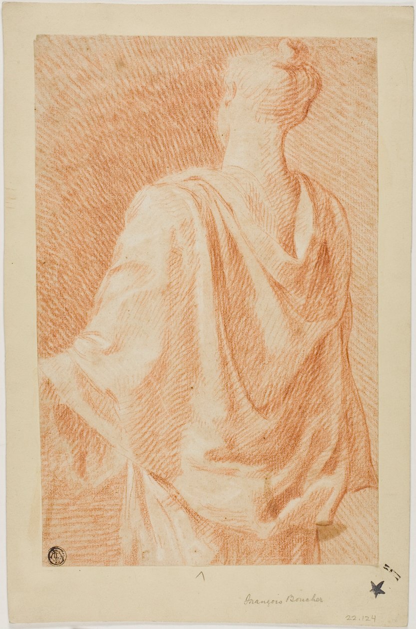 Drapert kvinne, sett bakfra av François Boucher