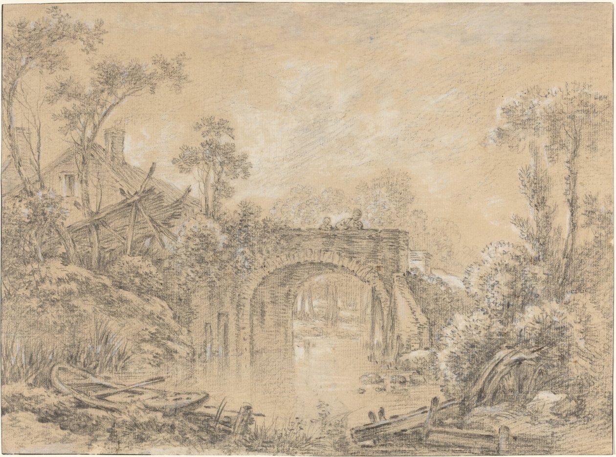 Landskap med en rustikk bro av François Boucher