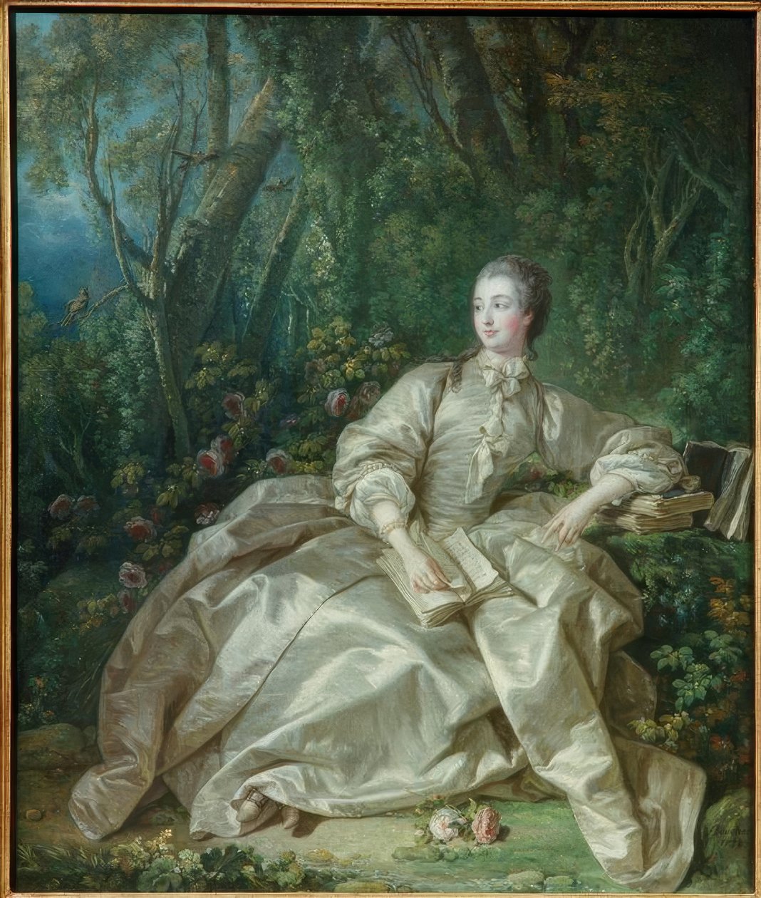 Madame de Pompadour satt i friluft. av François Boucher