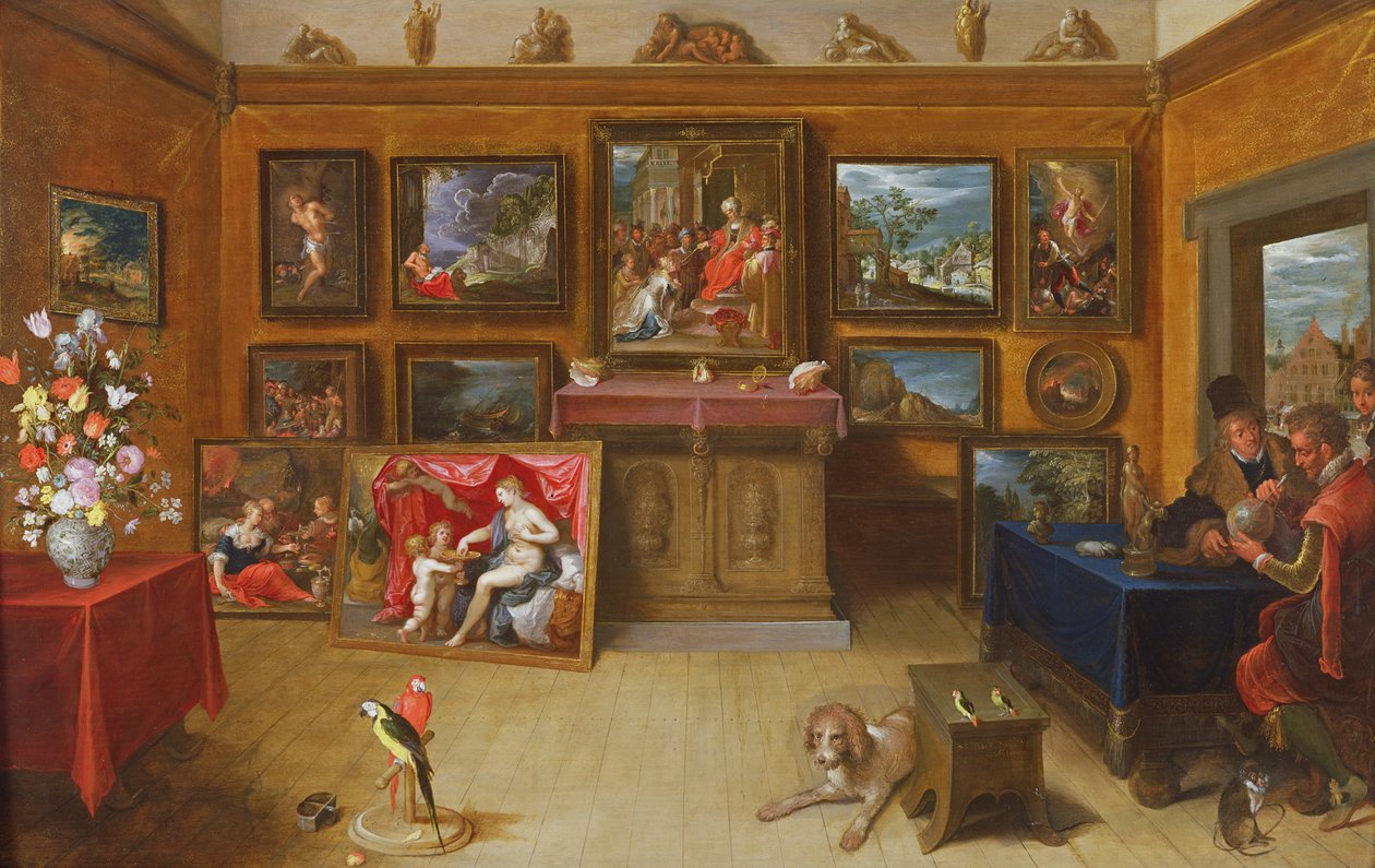 Bildegalleri med en vitenskapsmann som gjør målinger på en jordklode, 1612 av Frans II Francken the Younger
