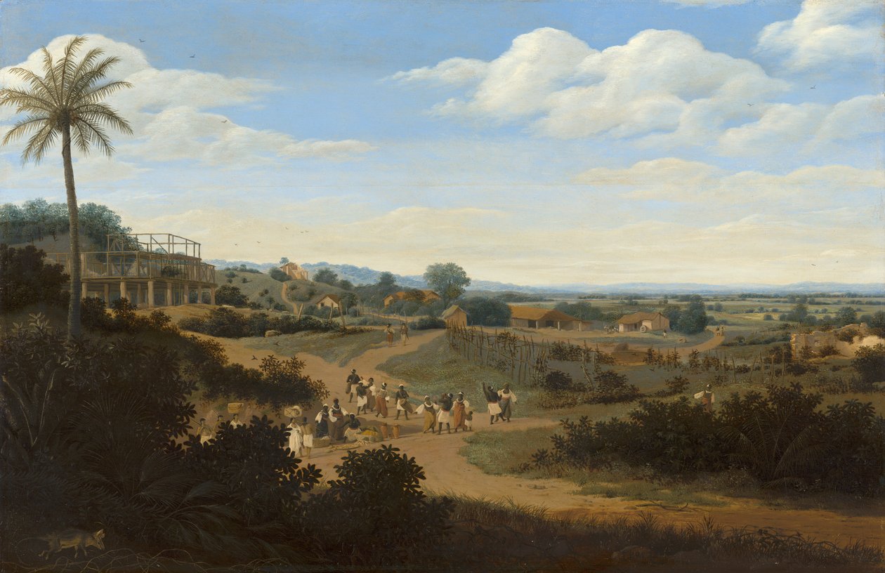 Brasiliansk landskap med et hus under bygging av Frans Post