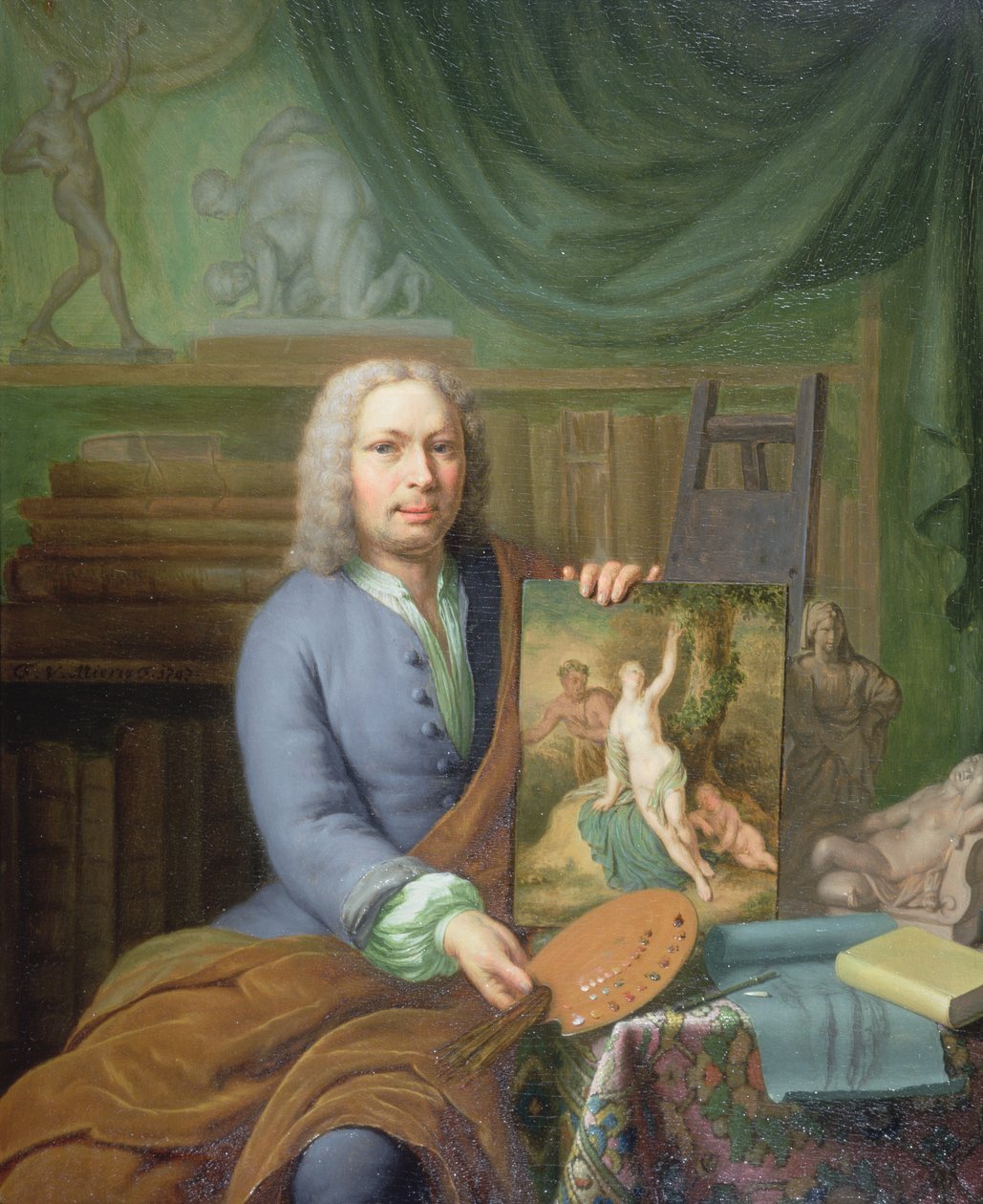 Portrett av kunstnerens far, som holder maleriet "Erigone" av Frans van Mieris