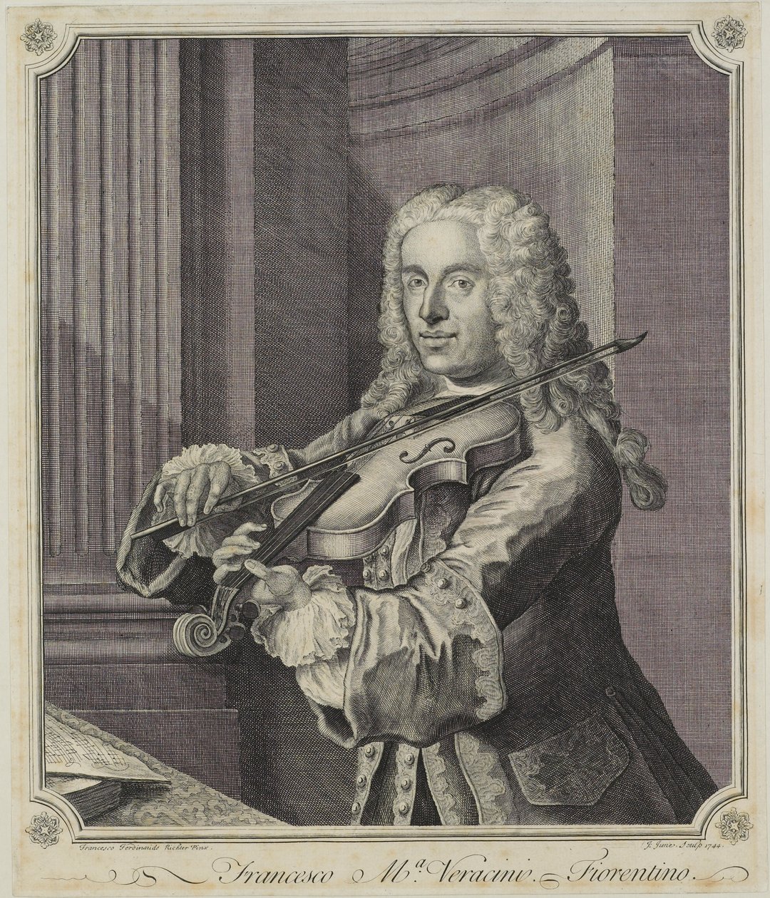 Francesco Ma Veracini, gravert av J. June (fl.c.1740-70), 1744 av Franz Ferdinand Richter