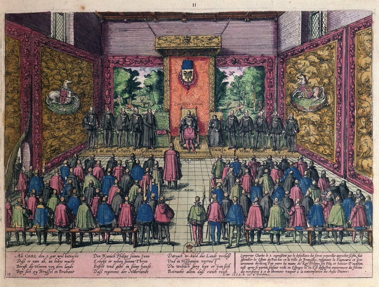 Keiser Karl V (1500-58) kunngjør abdikasjonen av sin makt over de lave landene til sin sønn og arving Filip II (1527-98) for domstolen i Brussel den 25. oktober 1555 (farget eng. av Franz Hogenberg
