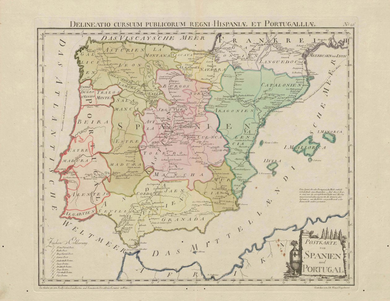 Postkarte von Spanien og Portugal. Avgrensning av de offentlige kursene i kongeriket Spania og Portugal [ca. 1 av Franz Johann Joseph von Reilly