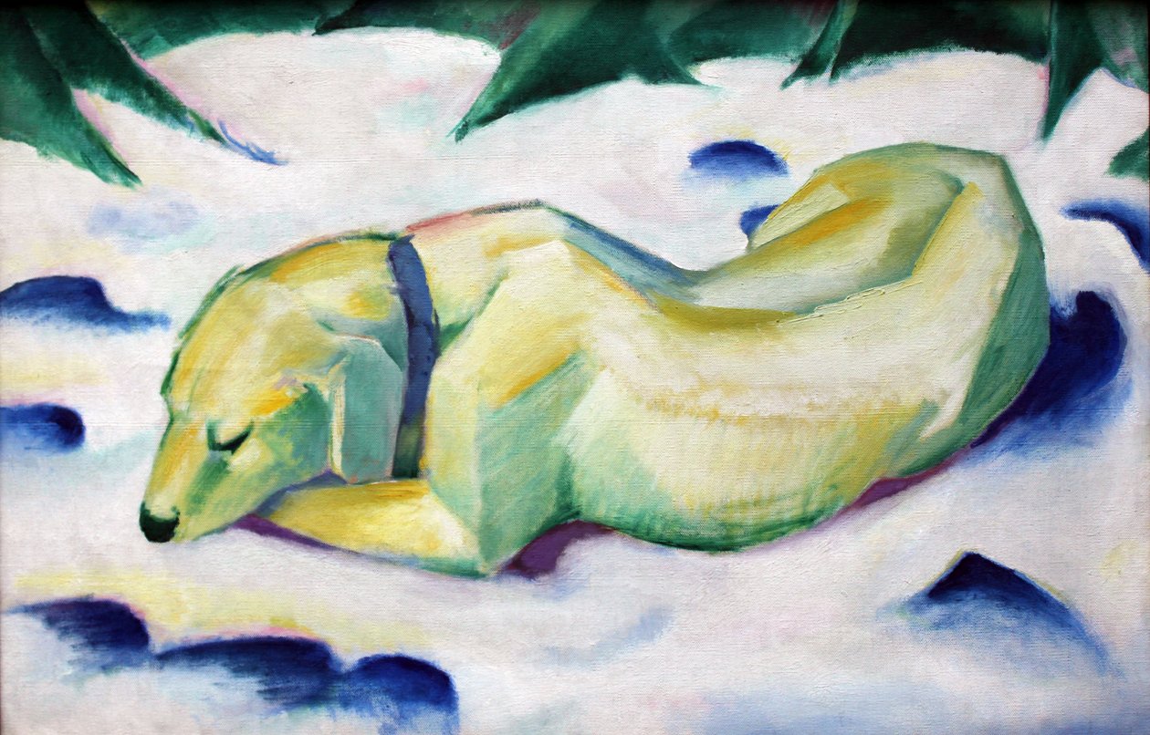 Hunden ligger i snøen av Franz Marc