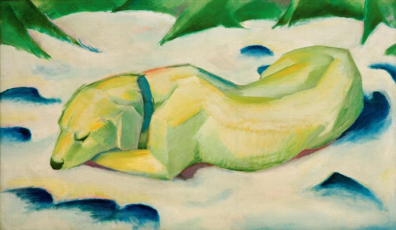 Hund som ligger i snøen av Franz Marc