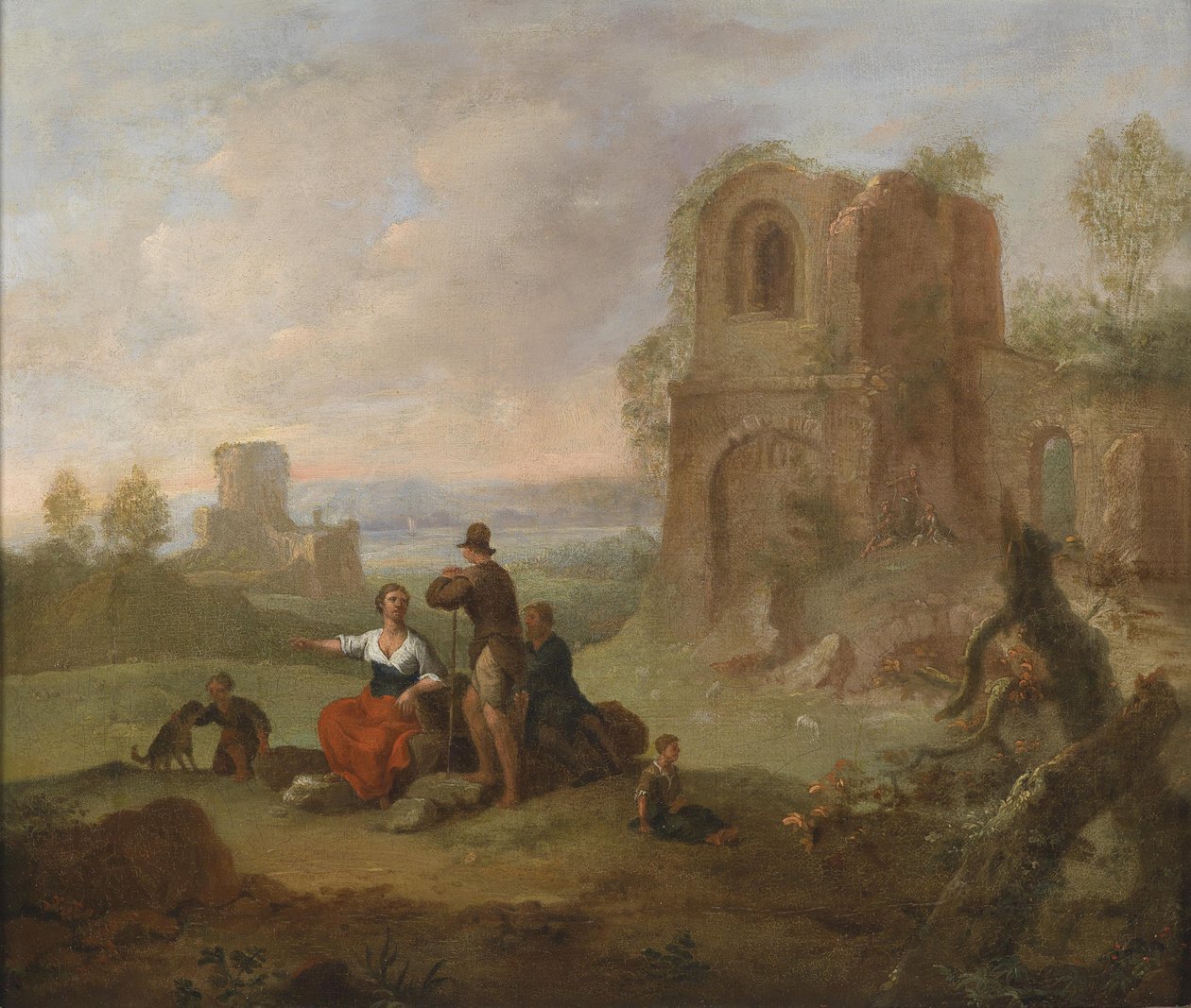 Landskap av ruiner med hvilende turgåere. av Franz Ferg