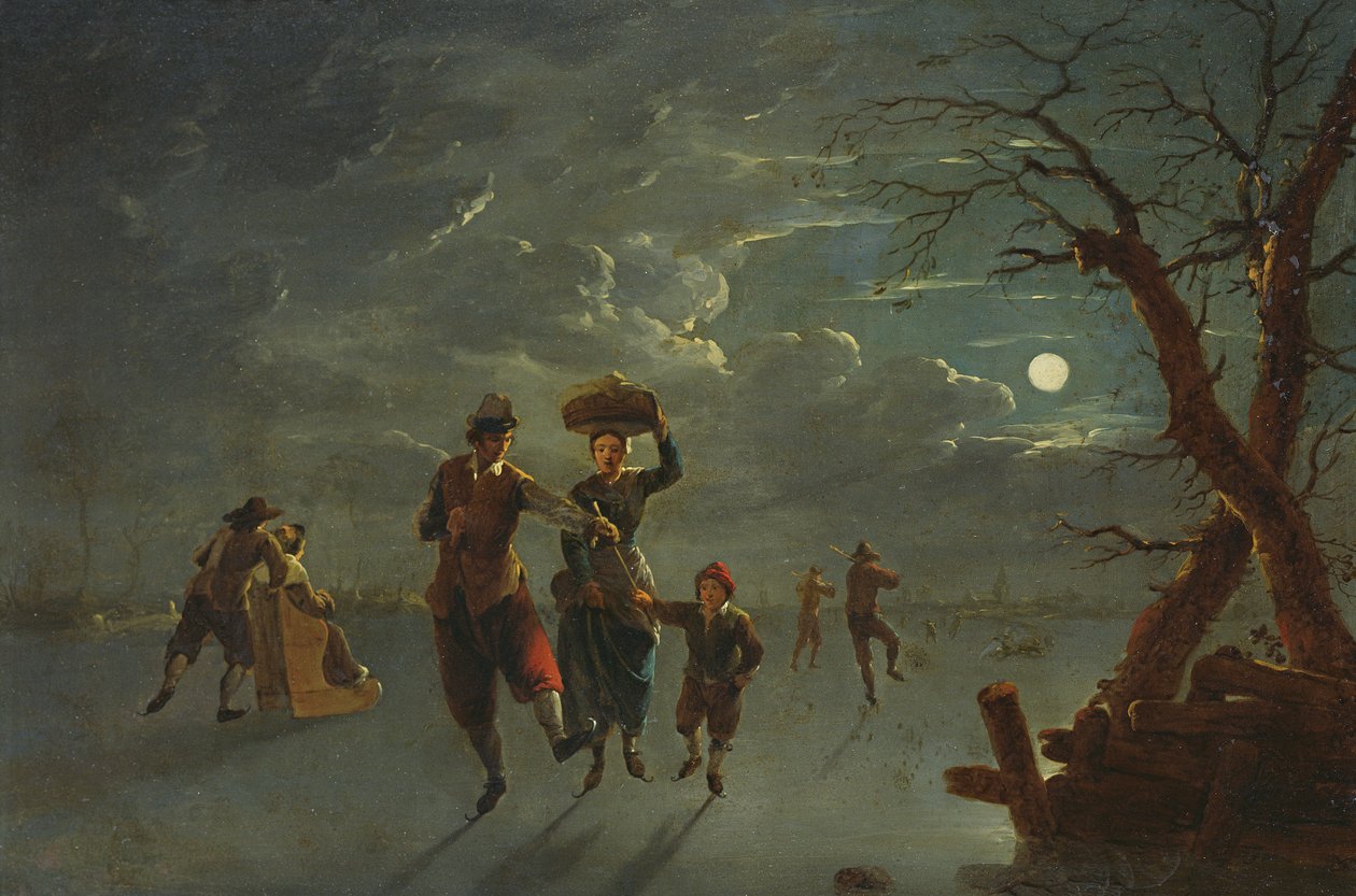 Skøyter med måneskinn (olje på kobber) av Franz Ferg