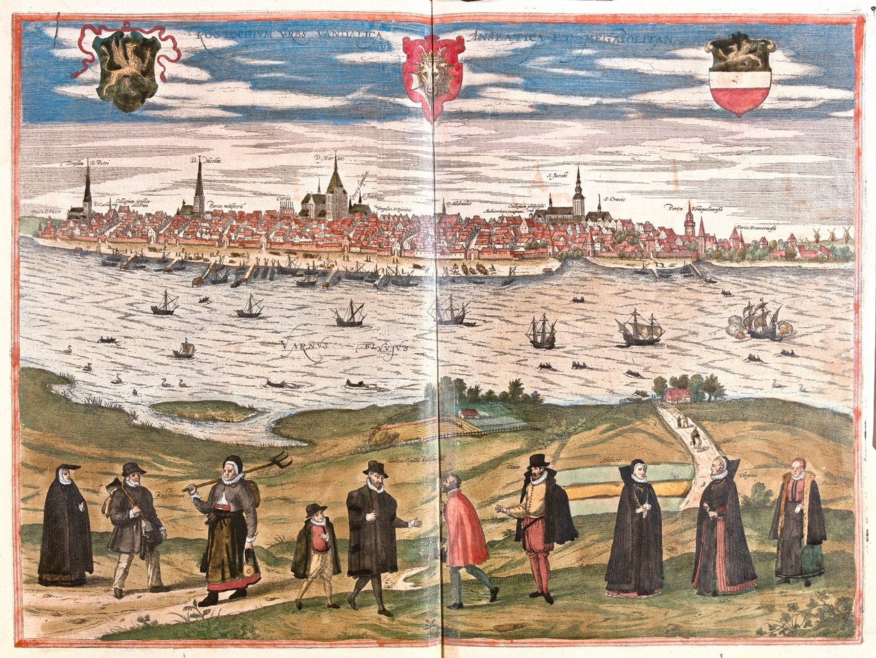 Generell utsikt over Rostock, Tyskland (gravering av Franz Hogenberg