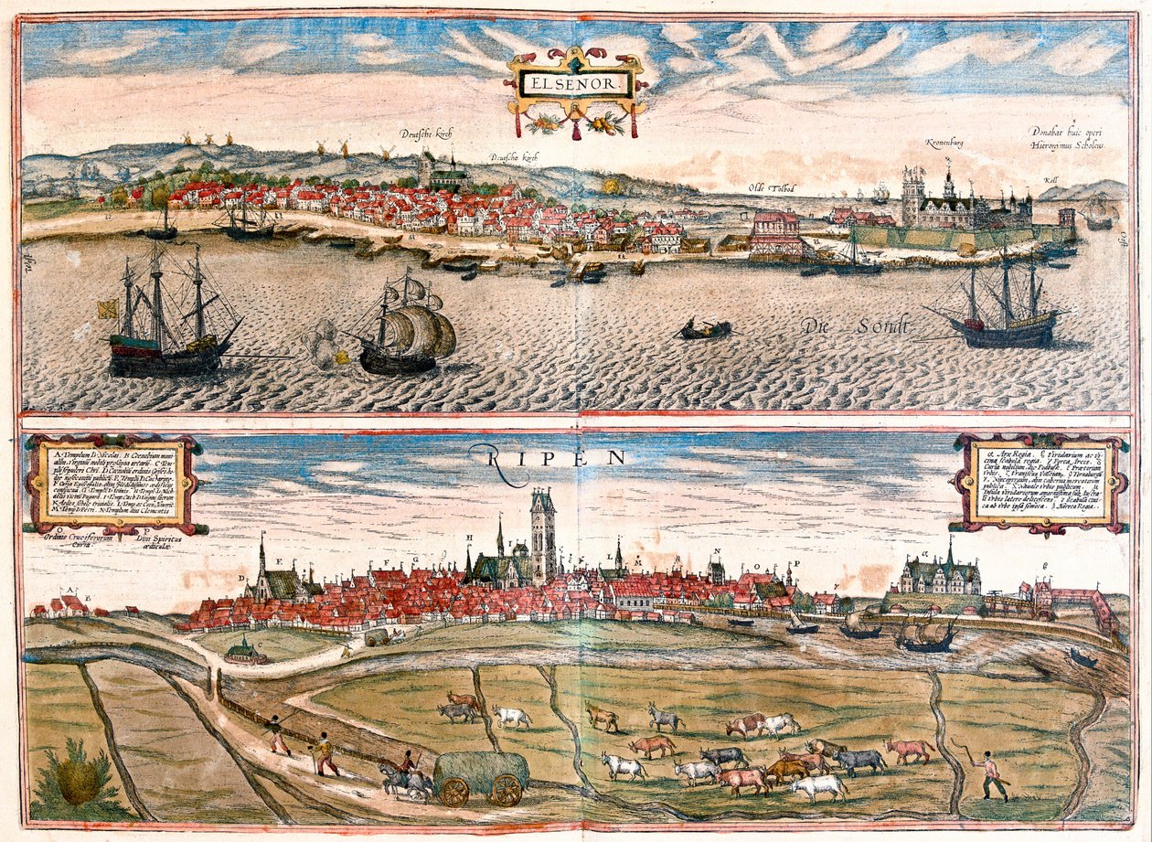 Helsingør og Ribe, Danmark (gravering av Franz Hogenberg